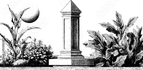 Historical garden obelisk with faint inscription amidst lush foliage