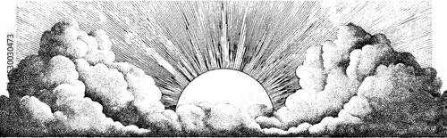 Sunbeam shaft piercing cloud layer dotwork tattoo design for art and illustration