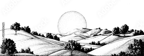 Sunrise over rolling hills with farmland patchwork landscape