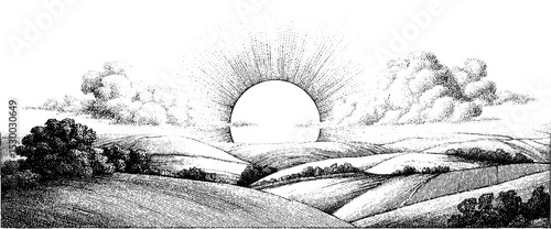 Sunrise over rolling hills with farm patchwork landscape