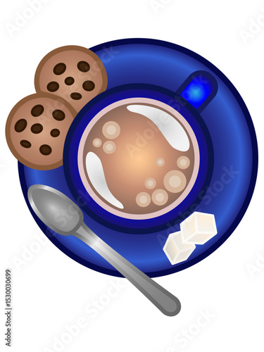 A cup on a saucer with biscuits and sugar pieces. A teaspoon on a saucer. View from above. Blue cup with cocoa / coffee. Vector illustration.	