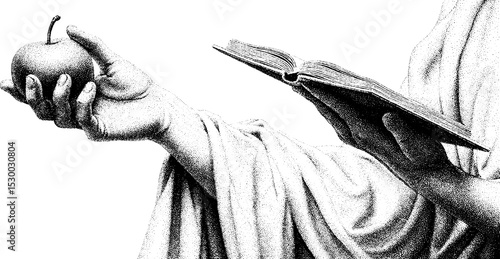 Teacher holding apple and open lesson book in dotwork style for educational inspiration