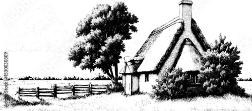 Charming thatched cottage by farmland and wooden fence in serene countryside setting
