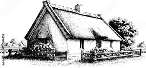 Charming thatched cottage beside farmland with wooden fence in rustic countryside setting