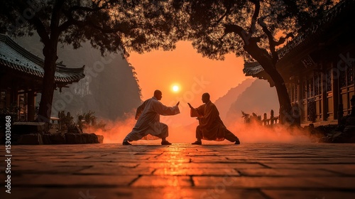 Two Monks Practicing Martial Arts at Sunrise