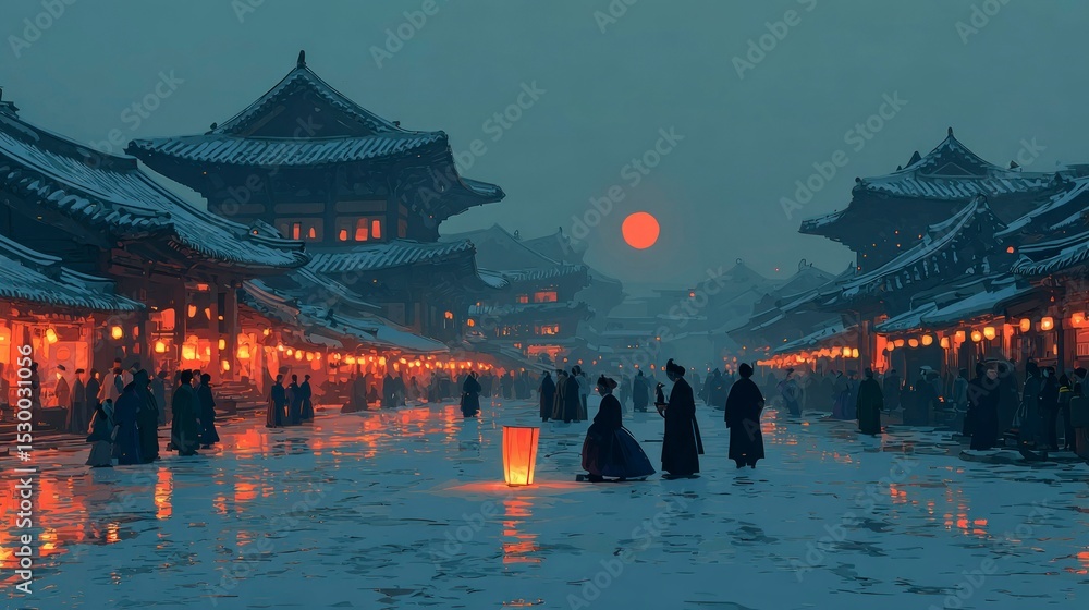 Obraz premium Winter Night Scene Snow Covered Asian City Street with Lanterns and Full Moon