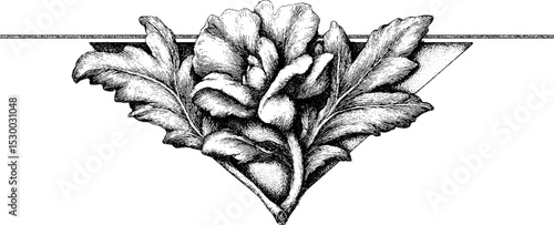 Tudor style timber framed gable detail with dotwork floral design