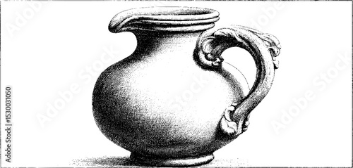 Tudor era earthenware jug with ornate handle and glaze texture design