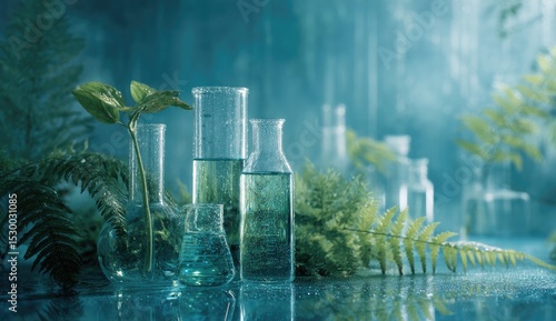 Lab glassware, plants, teal liquid