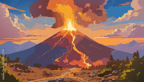 A dramatic illustration of a volcano erupting during sunset, with lava flowing down the side of the mountain. The sky filled with clouds, creating a scene of power and natural wonder.