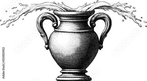 Milk churn with splash in vintage dotwork tattoo design. Detailed illustration of antique container with fluid motion.