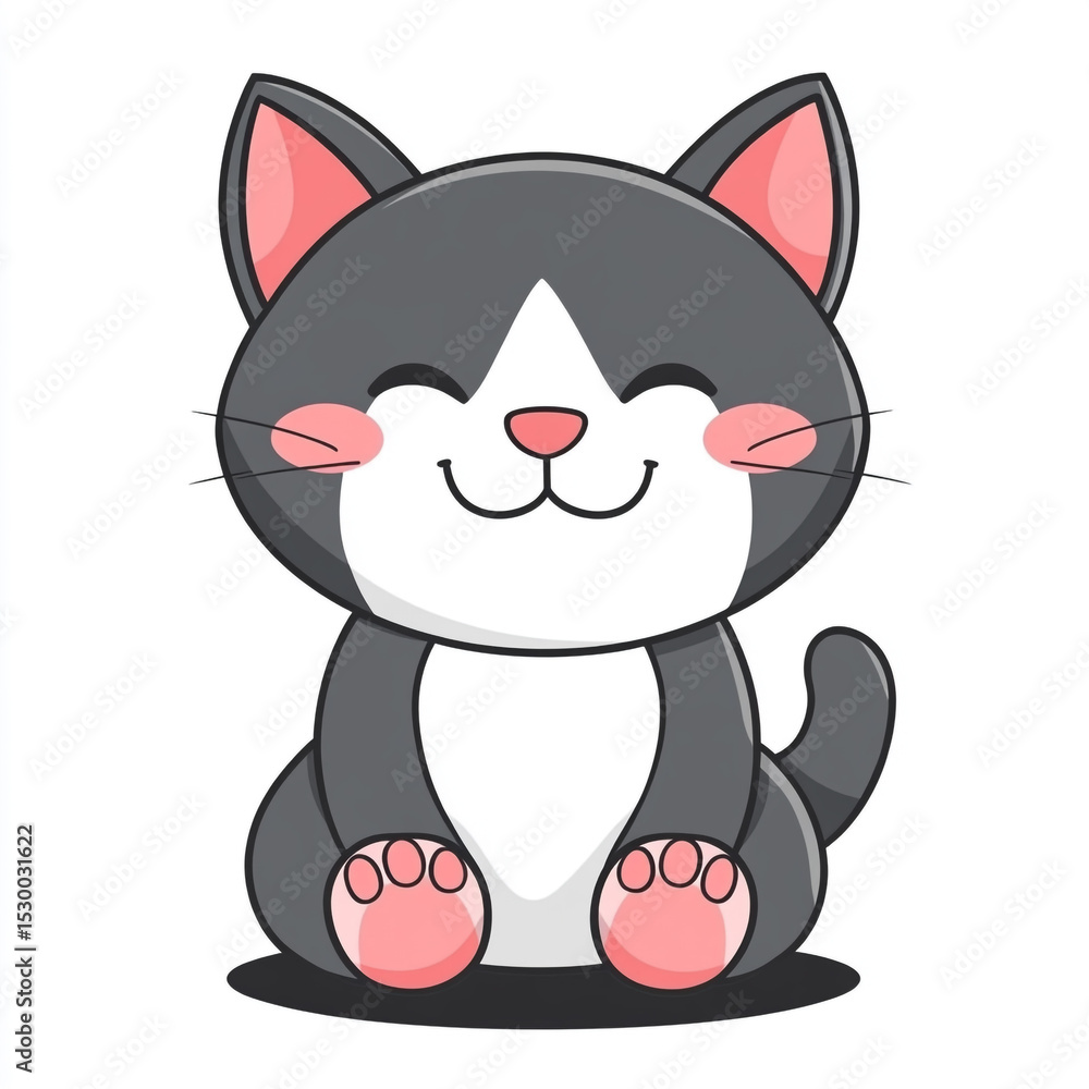 A delightful, happy gray and white cartoon cat icon with rosy cheeks, sitting cutely. A delightful, happy gray and white cartoon cat icon with rosy cheeks, sitting cutely.