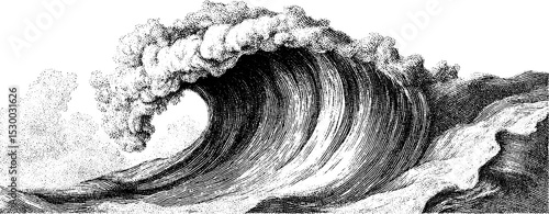 Vintage wave illustration with barrel curl and dotted texture design for ocean-themed decor