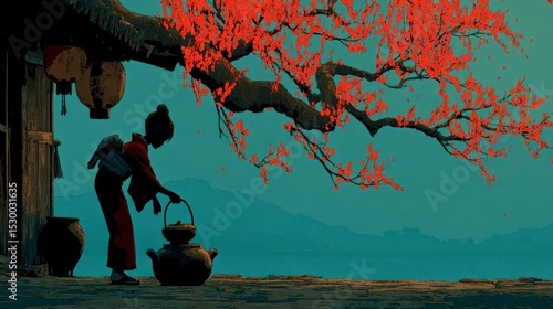 Woman preparing tea under blossoming tree by water