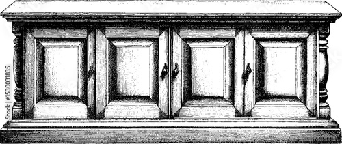 Classic wooden sideboard with panelled doors in dotwork style for interior design