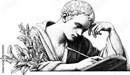 Pensive writer seated with quill and open book