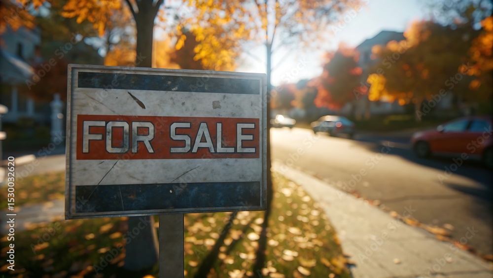 A for sale sign on a lawn with autumn trees and cars on the street in background A for sale sign on a lawn with autumn trees and cars on the street in background