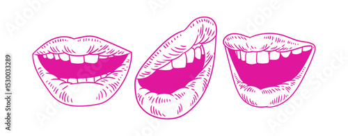 Wallpaper Mural Set of hand-drawn illustrations of lips in a linear style, drawing of mouths with large, original lips for posters, products, or graphic design. Torontodigital.ca