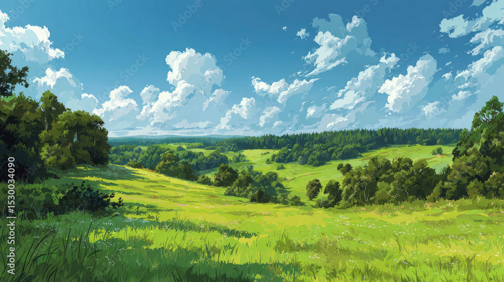 Obraz premium Lush Green Meadow and Forest Under a Bright Cloudy Sky