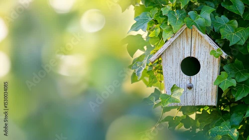 Wallpaper Mural Hidden Haven: A charming birdhouse nestles amidst vibrant green foliage, creating a sense of serene sanctuary. capturing the peaceful interaction between nature and craft Torontodigital.ca