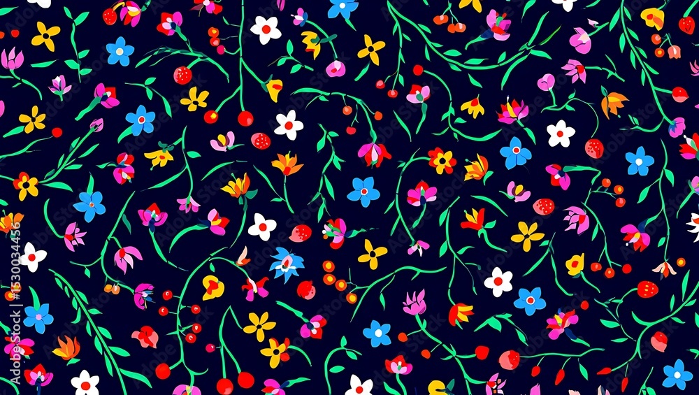 Fototapeta premium Vibrant Floral Pattern A Colorful Tapestry of Blossoms and Berries