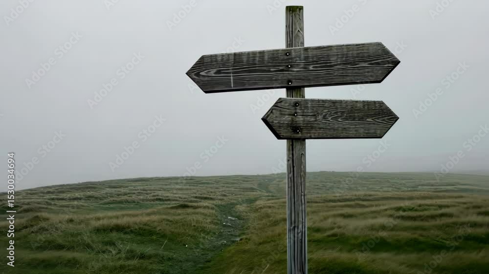 Directional Post on Misty Hill: A weathered directional post stands at a crossroads atop a misty green hill, guiding the way through the fog, evoking a sense of mystery and choice. Directional Post on Misty Hill: A weathered directional post stands at a crossroads atop a misty green hill, guiding the way through the fog, evoking a sense of mystery and choice.