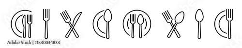 Cutlery vector icon set. Fork, Spoon and Knife icons. Silverware icons. Black silverware icon.