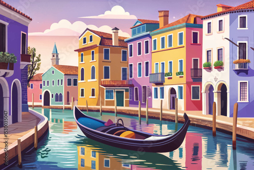 Vector illustration of Venice canal with gondola and colorful houses romantic Italian cityscape perfect for travel, architecture, and cultural destination themes