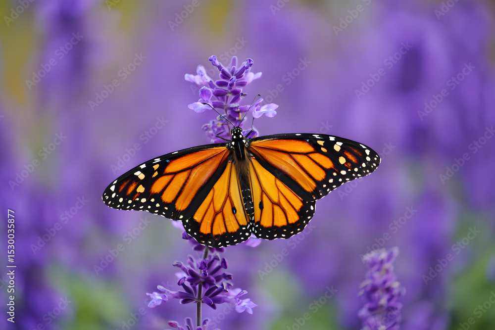 Obraz premium Monarch butterfly on lavender flowers in a purple garden