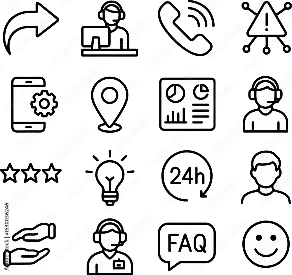 Support icon pack featuring headset agents, chat windows, feedback bubbles, and service metrics in clean black and white line art. Support icon pack featuring headset agents, chat windows, feedback bubbles, and service metrics in clean black and white line art.