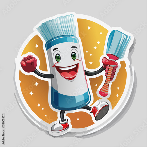 Toothbrush and toothpaste tube dancing happily, a fun hygiene-themed sticker design.