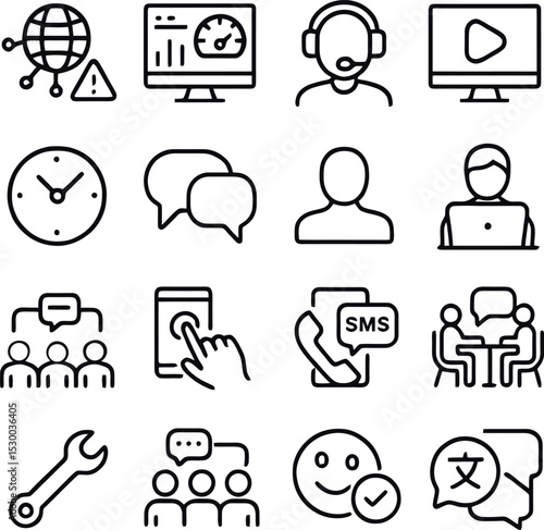 Icons focused on global alerts, chat services, SMS, video, and teamwork. Designed for support platforms and communication apps.