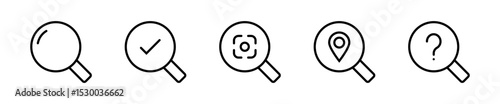 Set of magnifying glass icons. search magnifier icon with check, target, location, and question symbols. for searching, verification, verified, location, and analysis. editable stroke