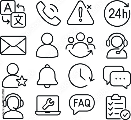Outline icon pack for multilingual and 24-hour support with chat, bell, agents, messages, repair and checklist symbols.