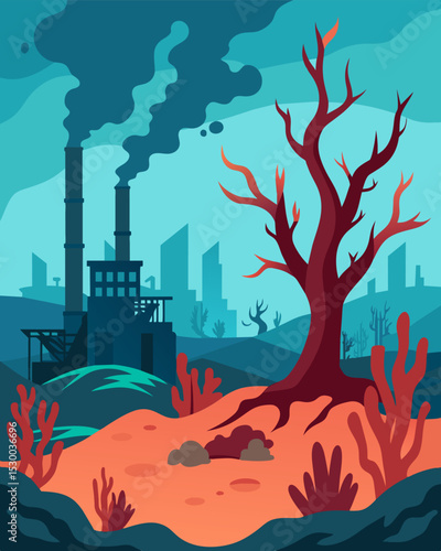 A beautiful coral reef now bleached and dying due to the toxic discharge of industrial waste from a nearby factory.. Vector illustration