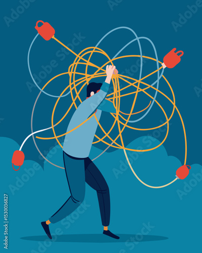 Trying to escape the stress web feels like untangling a mess of wires each one leading to a different source of tension and strain.. Vector illustration