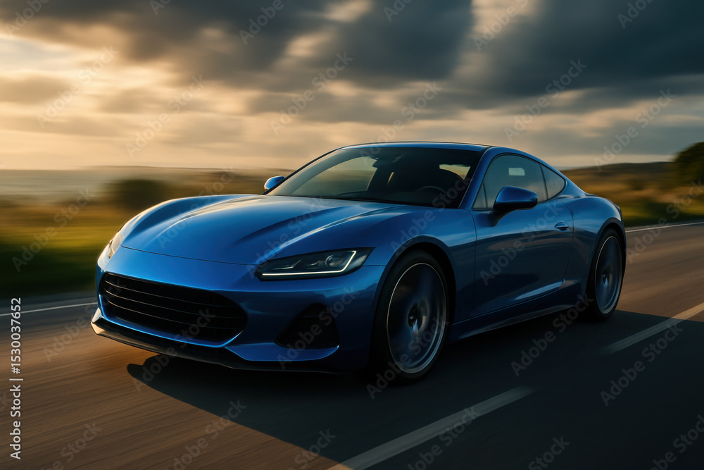Blue Sportscar Driving at Sunset Blue Sportscar Driving at Sunset