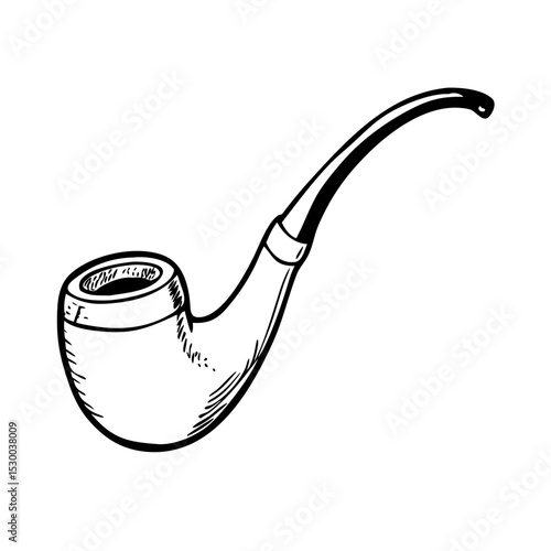 Hand-Drawn Vintage Smoking Pipe Illustration with Curved Mouthpiece and Wood Bowl for Historical and Leisure Themes