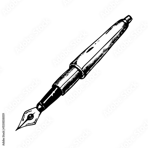 Detailed Vintage Fountain Pen Illustration in Classic Black Ink on White Background for Stationery and Writing Concepts
