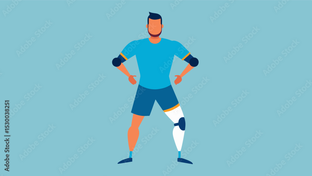 An athlete with limb loss wearing specialized athletic clothing with builtin prosthetic sleeves providing them with comfort and support while playing sports.. Vector illustration An athlete with limb loss wearing specialized athletic clothing with builtin prosthetic sleeves providing them with comfort and support while playing sports.. Vector illustration
