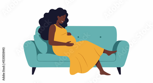 Pregnant woman relaxing on teal sofa while smiling at home  
