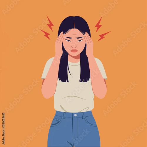 Young woman feeling headache while standing against orange background  