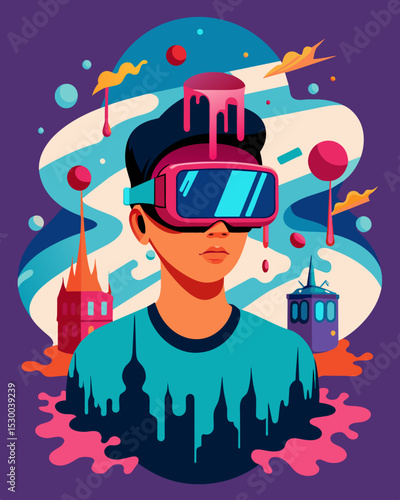 A virtual reality experience where the users surroundings and perspective constantly shift and distort creating an unsettling sense of reality.. Vector illustration