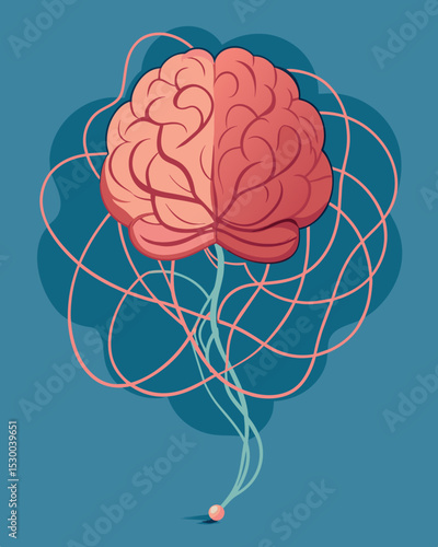 An anatomical model of a brain with the pathways made of tangled strings representing the convoluted and distorted thinking patterns.. Vector illustration