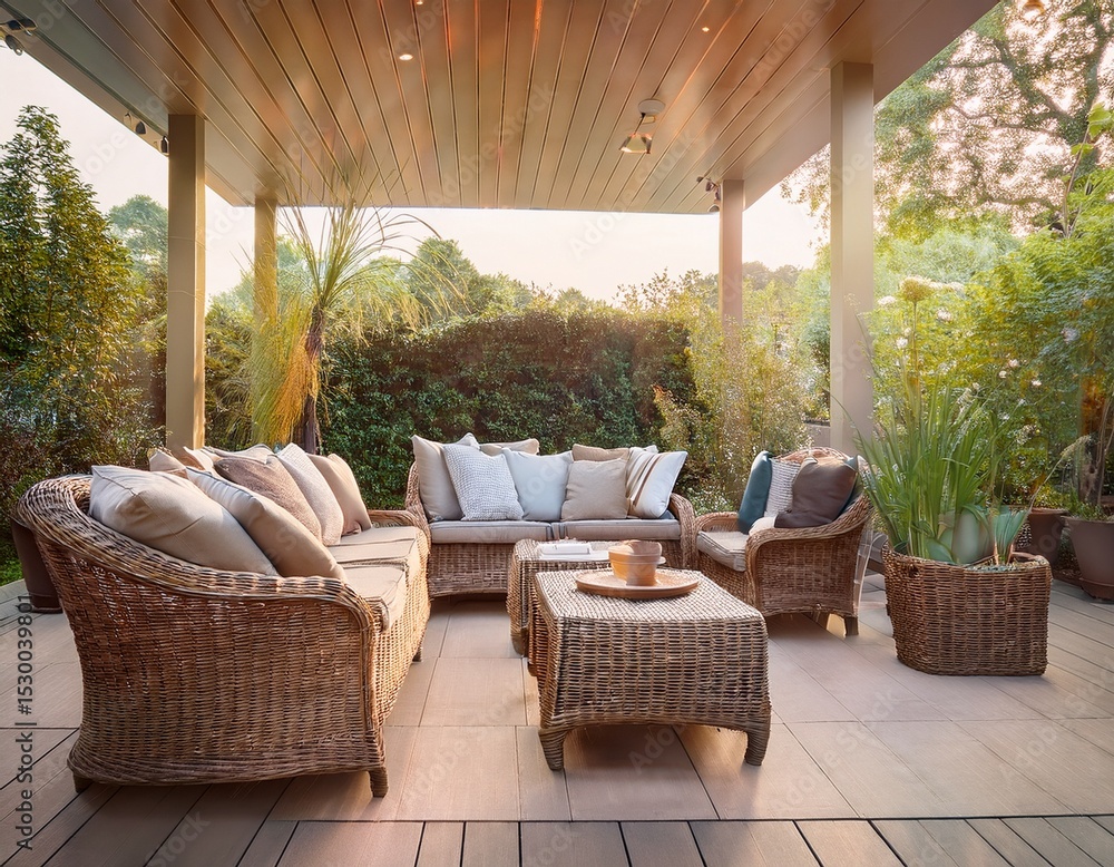 Fototapeta premium serene outdoor patio oasis with cozy wicker furniture