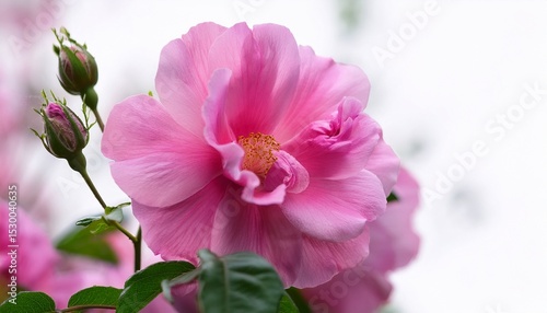 close up of vibrant pink mukuge rose of sharon blossom in summer garden on white background botanical elegance and natural beauty captured outdoors