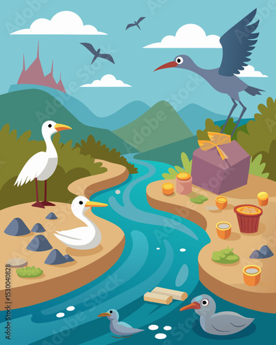 A group of migratory birds struggle to find a safe haven amidst the polluted waters of a nearby river their natural food sources contaminated.. Vector illustration