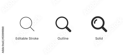 Magnifying glass icon، set of search icons. Perfect for search and exploration. web, research, or detective designs, SEO, research tools, and data exploration visuals. in editable stroke, outline