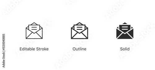email envelope icons in editable stroke, outline, and solid styles. open envelope mail icon for mail, messaging concepts and communication designs