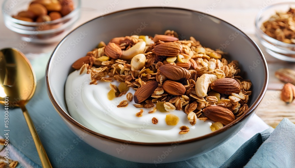 creamy greek yogurt layered with crunchy oat granola and dried nuts a high protein healthy breakfast idea perfect for clean eating and a nutritious start to the day creamy greek yogurt layered with crunchy oat granola and dried nuts a high protein healthy breakfast idea perfect for clean eating and a nutritious start to the day